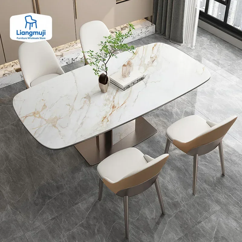 

Легкий роскошный обеденный стол из глянцевой каменной плиты, домашний современный минималистичный прямоугольный креативный обеденный стол и комбинация стульев