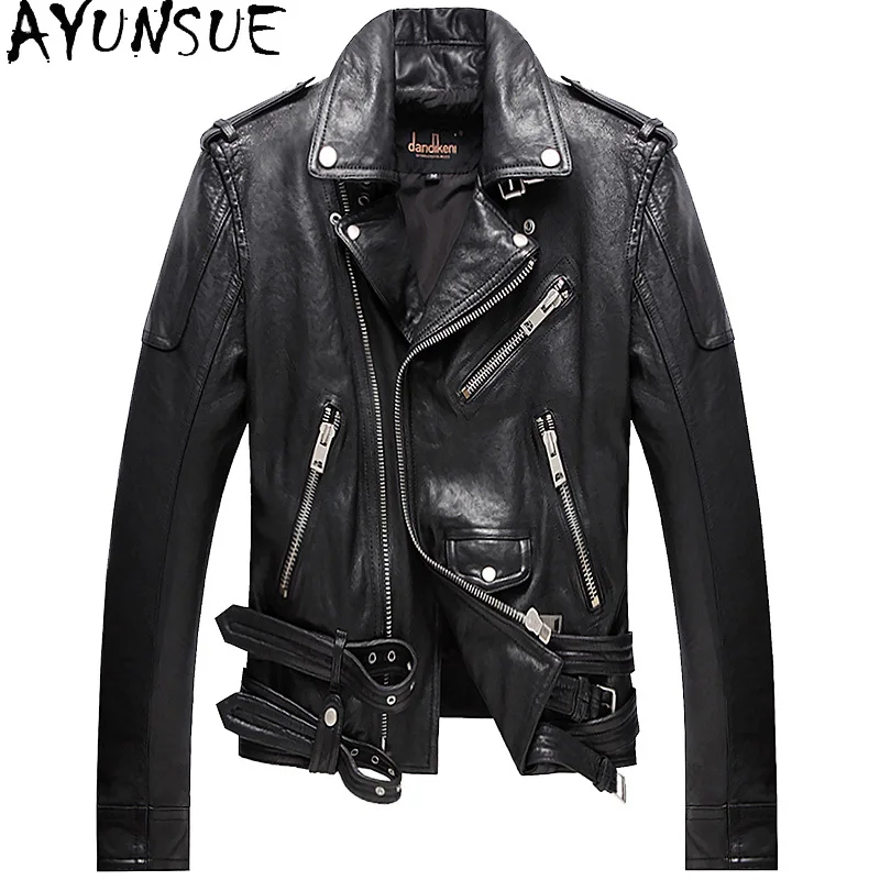 AYUNSUE Real Sheepskin 100% Genuine Leather Jacket Man Short Motorcycle Jacket Korean-style Cool Men's Leather Coat Chaquetas
