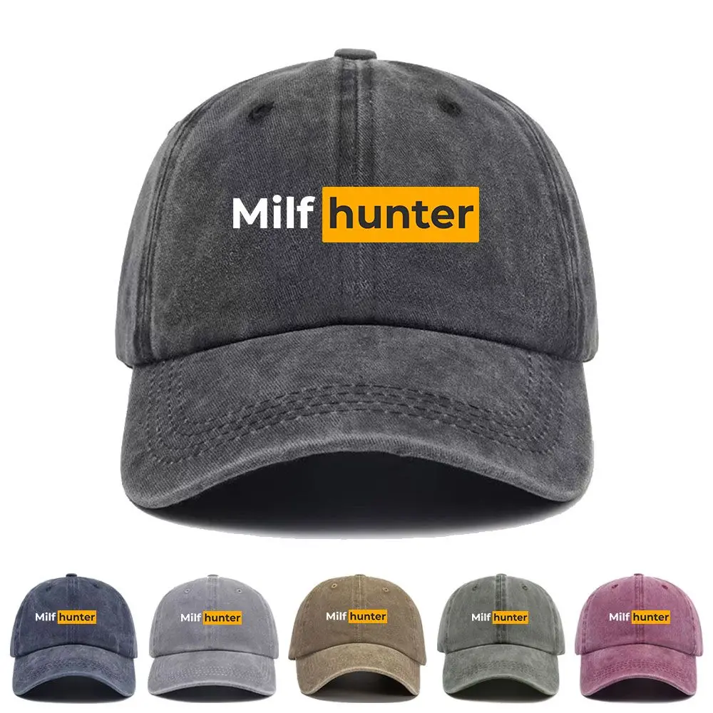 Vintage Washed Baseball Cap Milf Hunter Print Graphic Unisex Streetwear Casual Trucker Style Summer Cotton Sun Hat