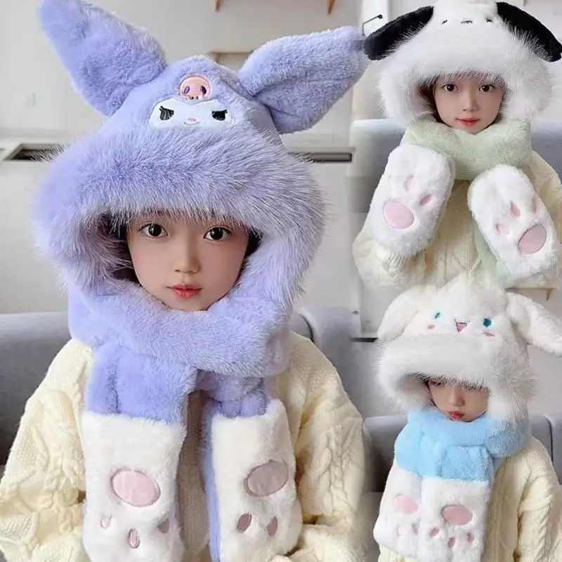 العصرية لطيف الكرتون قبعة وشاح الشتاء الدافئة وشاح قبعة للنساء الفتيات Kawaii سدادات حماية الأذن لينة فروي وشاح قبعة الهدايا