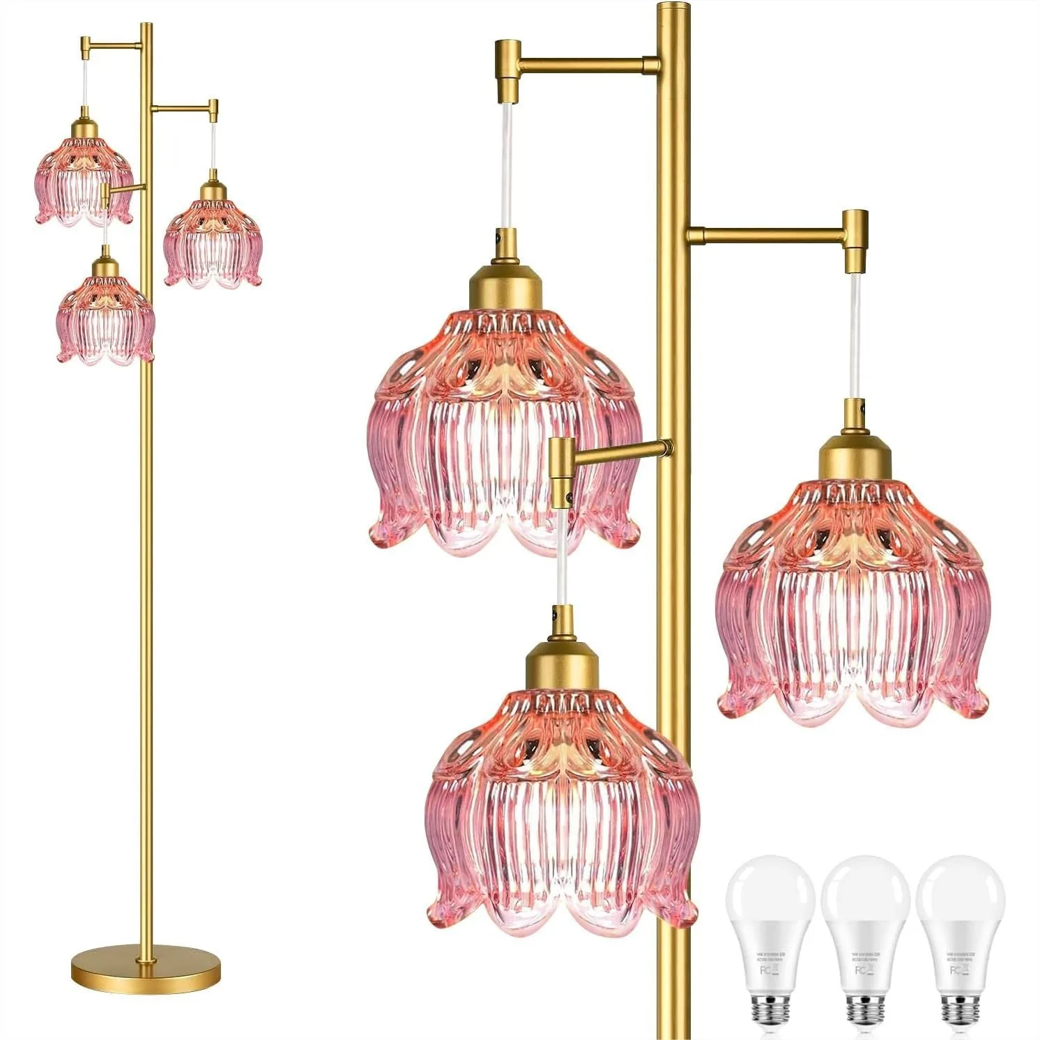 

Glass Floor Lamp for Living Room, Mid Century Modern Gold Tree 3 Light Tall Lamps with Pink Shade