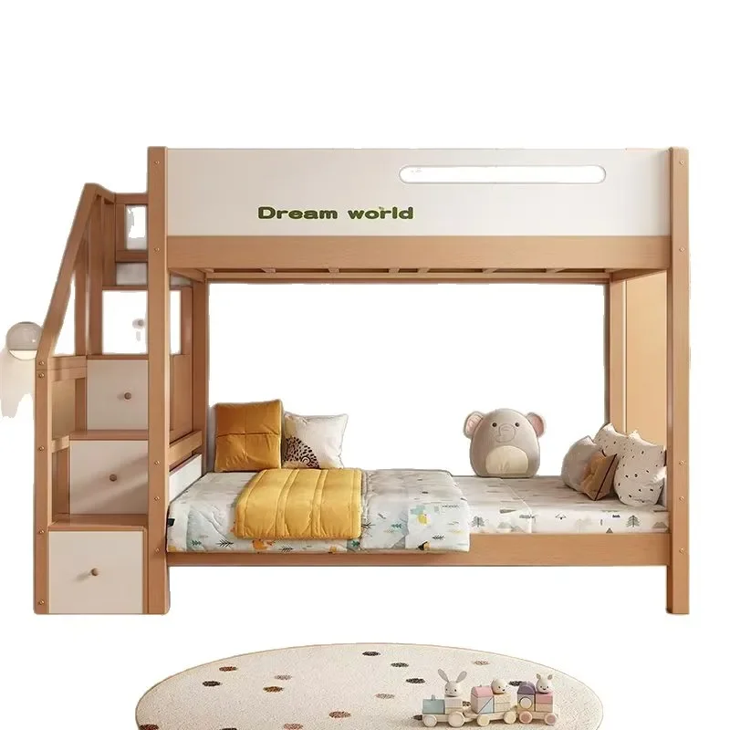 Kids Solid Wood Bunk Bed: Drawer Stair+Guardrail, Dream World Design, Space-Saving Children’s Bedroom Furniture