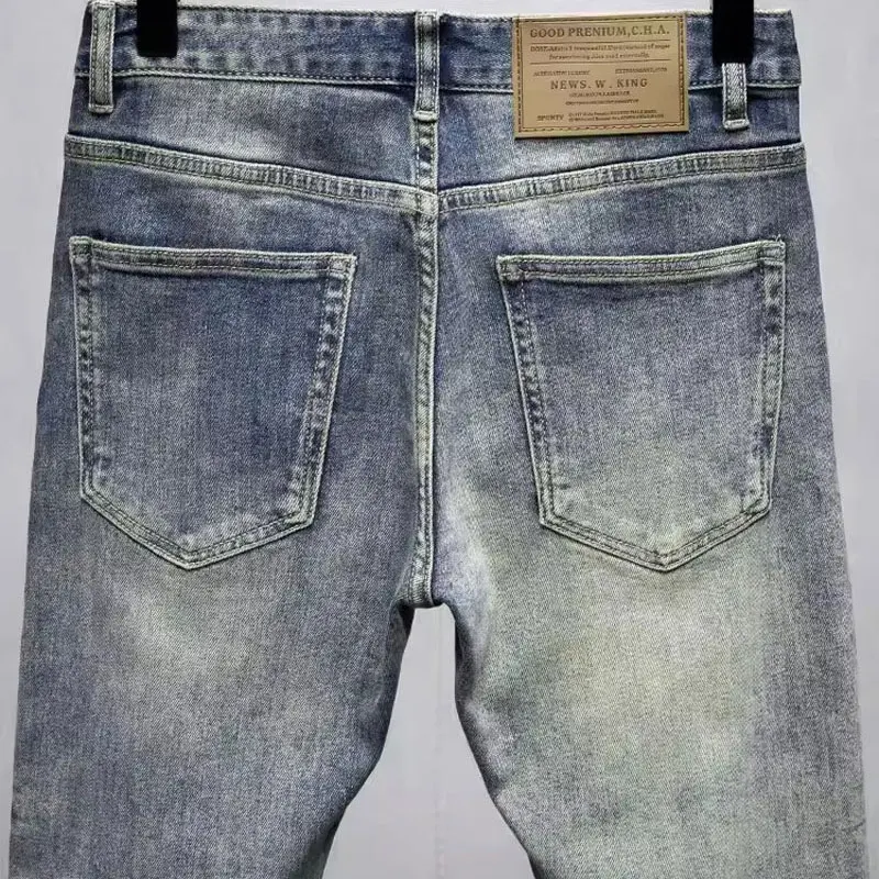 Street Fashion Men Jeans Retro Washed Blue Stretch Slim Fit Ripped Jeans Men Embroidery Patched Designer Hip Hop Denim Pants