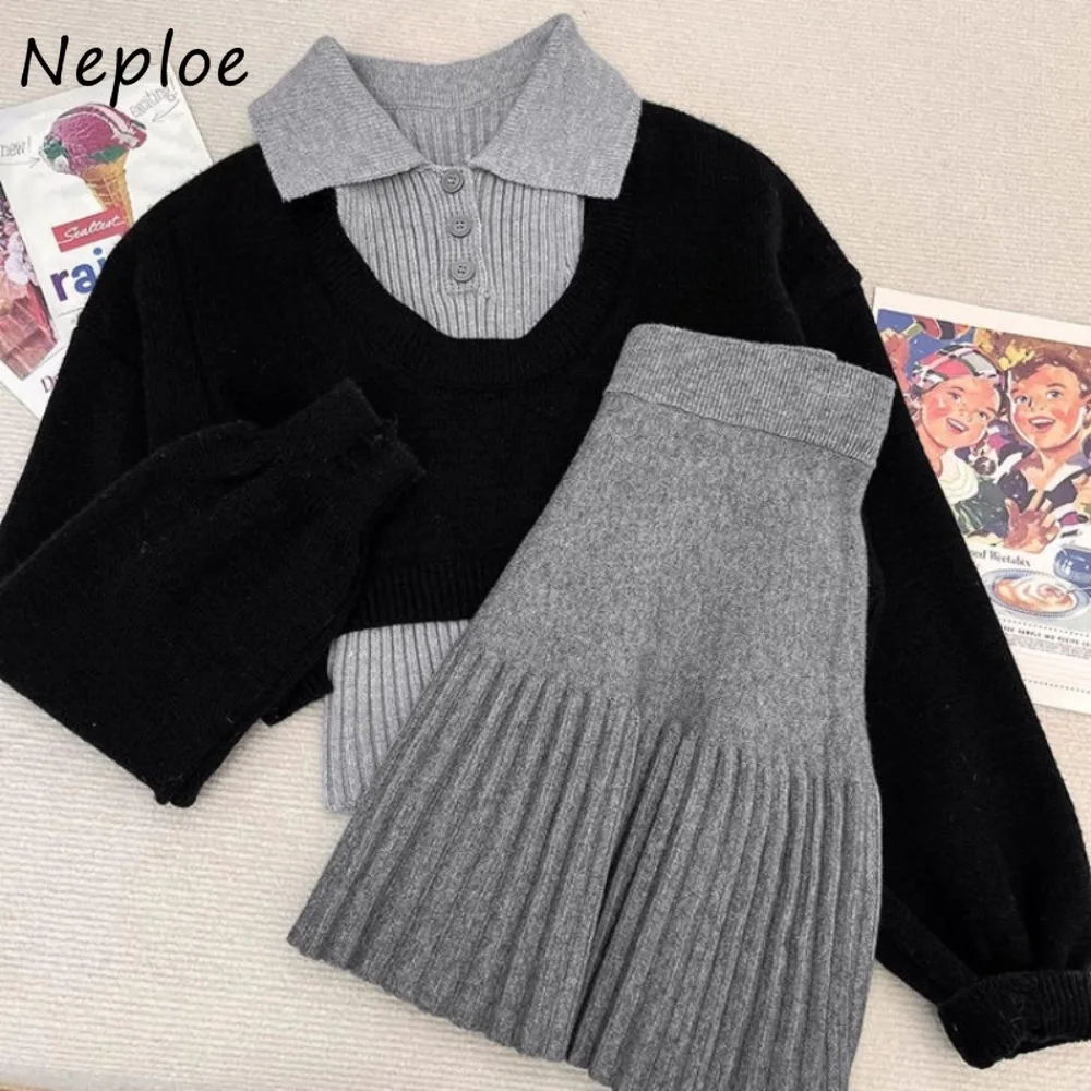 

Neploe Korea Student Pure Desire Age Reduction Sweaters Elegant American Vintage Spice Girls Jumper Short Fake Two Pieces Tops