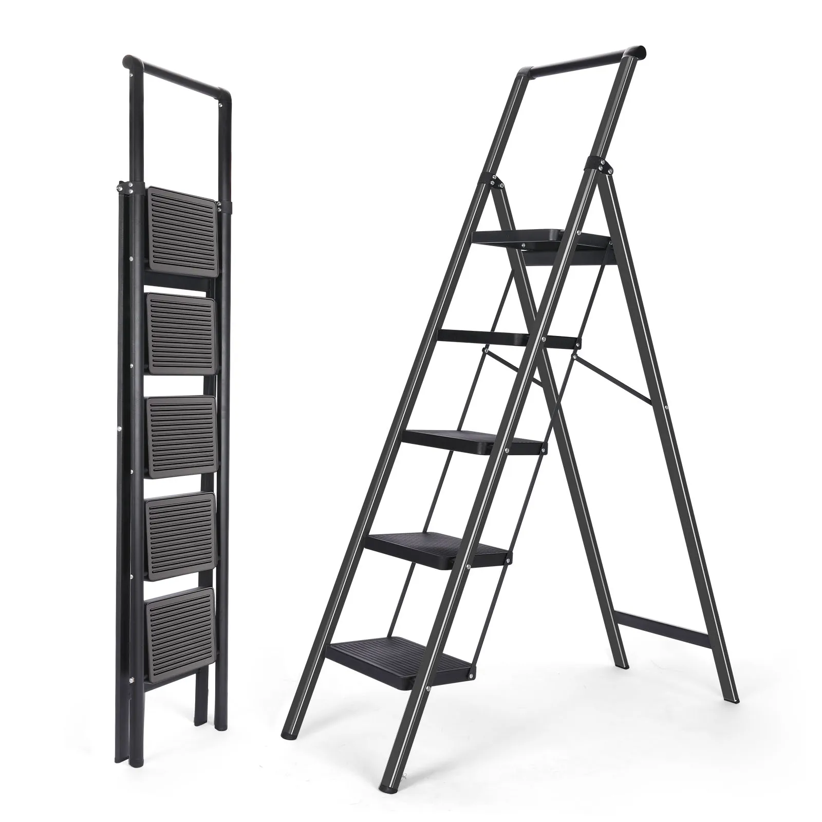 5Step Ladder,Foldable Step Stools for Adults withWide Anti-Slip Pedal, Lightweight Sturdy Steel Ladder,Convenient Handgrip ,Spa