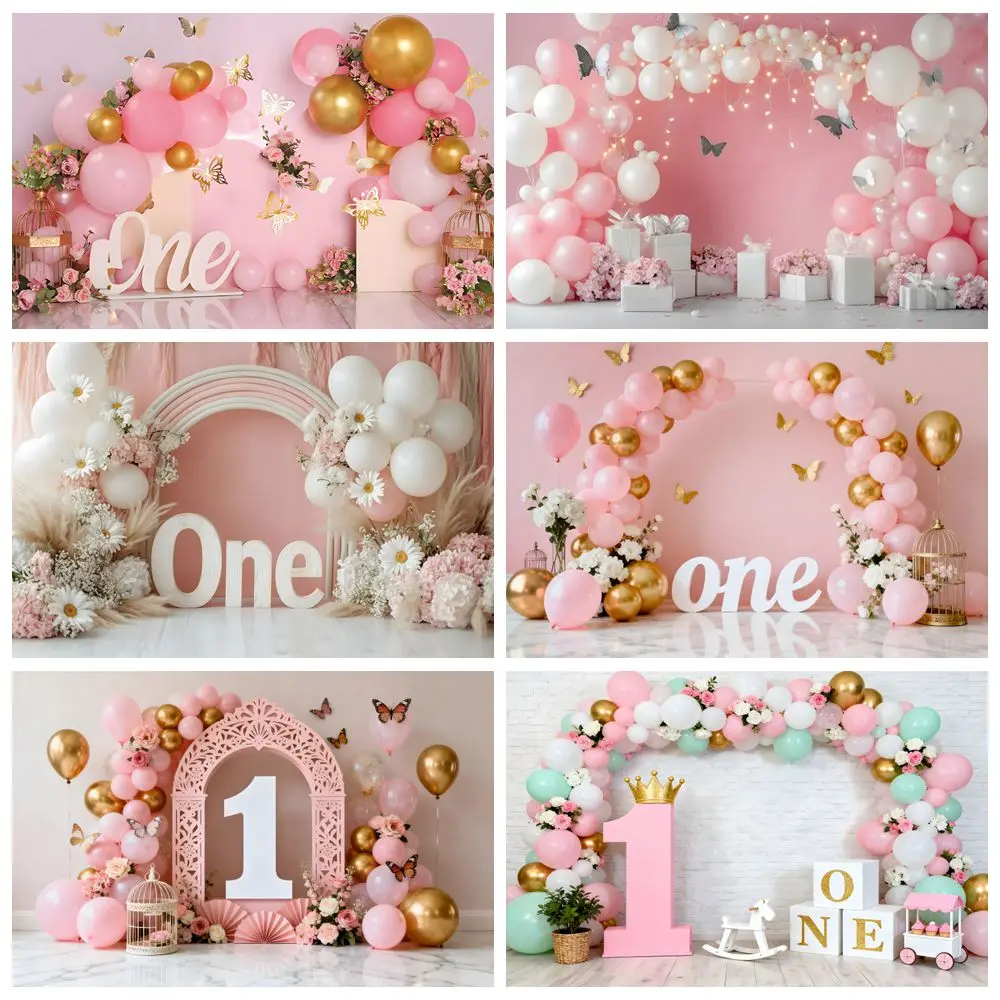 Baru Lahir Bayi Ulang Tahun Pertama Latar Belakang Kue Smash Anak Perempuan Laki-laki Pink Biru Balon Tenda Bunga Ruang Interior Fotografi Latar Belakang Props