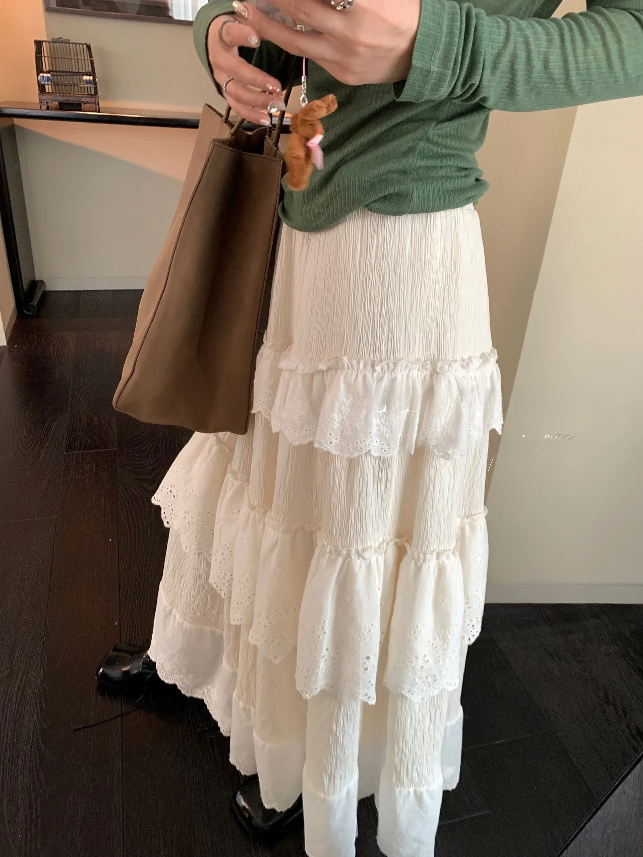 

Echoes Creamy Moonlight Lace A-Line Half Skirt High Waist Cake Skirt Slimming Long Skirt Women's Fashion Spring 2023