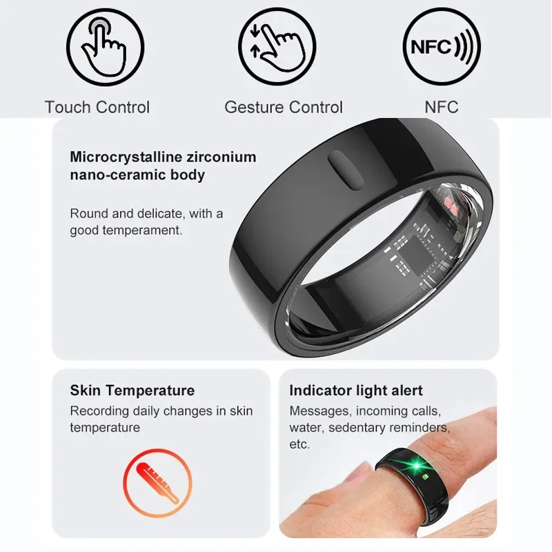 NFC Ceramic Smart Ring with Charging Case for Men Women, Health Sleep Monitor,5ATM Waterproof,Multi-sport Mode for Android IOS