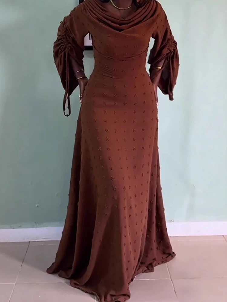 أنيقة الجاكار الصلبة المرأة فستان الحفلات موضة سوينغ طوق تخفيف رداء فستان عادية مطوي كم طويل الرباط فستان طويل