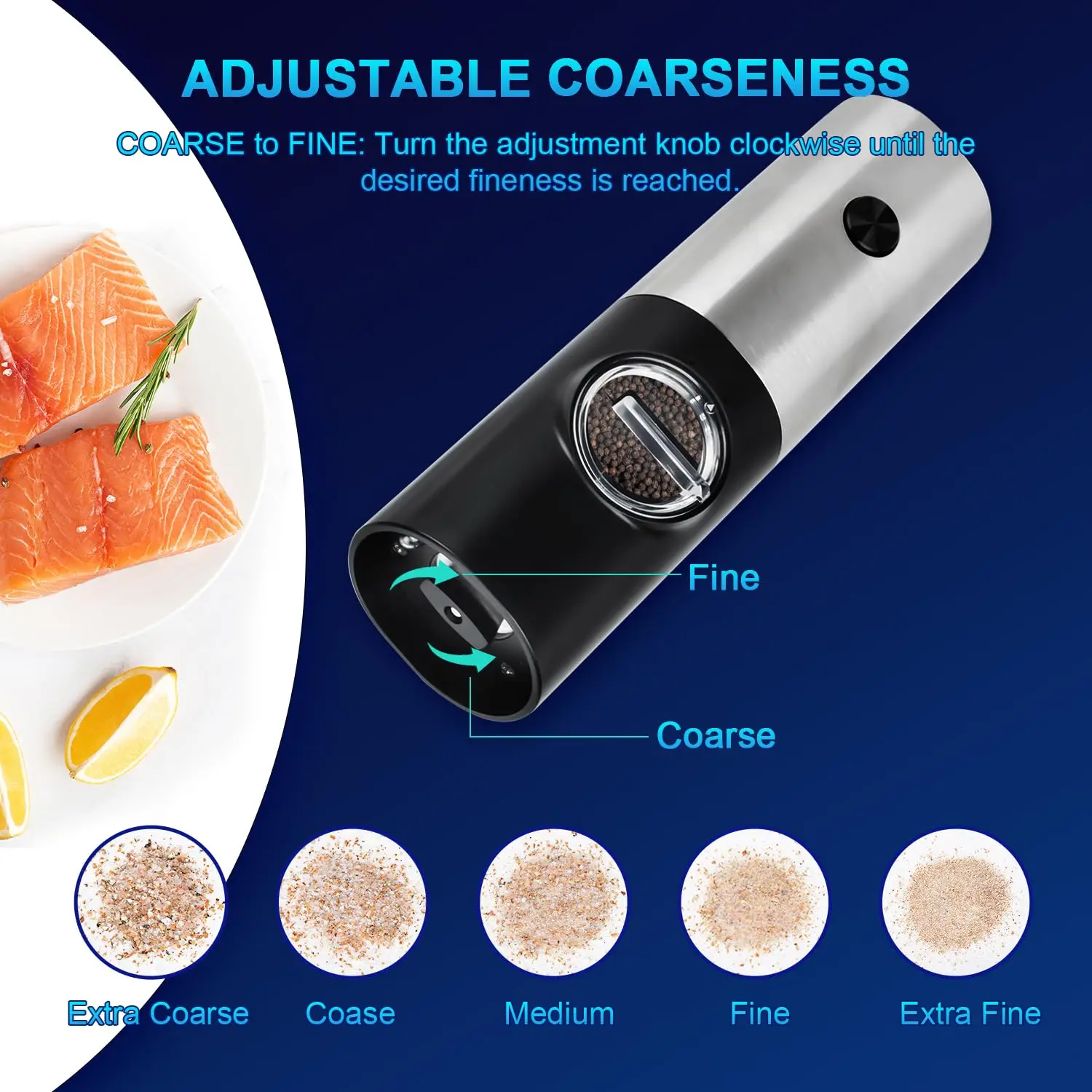 Electric Salt and Pepper Grinder Set, Automatic Pepper Mills with Adjustable Coarseness - Battery Operated Spices Shaker w/LED