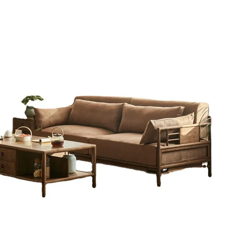 

New Chinese light luxury fabric solid wood sofa combination black walnut three double living room modern and simple
