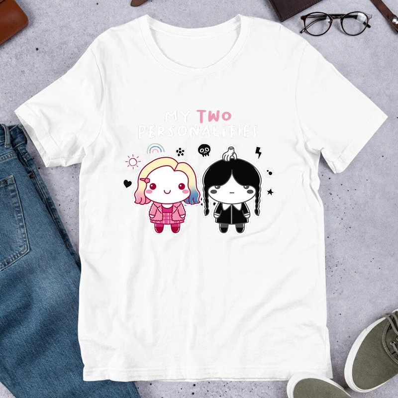 Wednesday Addams Printed Women T Shirt My Tow Personalities TV T-Shirt Girl Tee Hipster 2023 Ullzang Men Tops Ropa Hombre