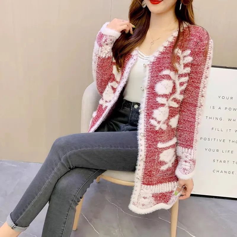 2025 New Winter Cardigan Sweater Women's Mid-length Buttons Sexy Slim Imitation mink cardigan Jacket Female Knitted Sweater Tops