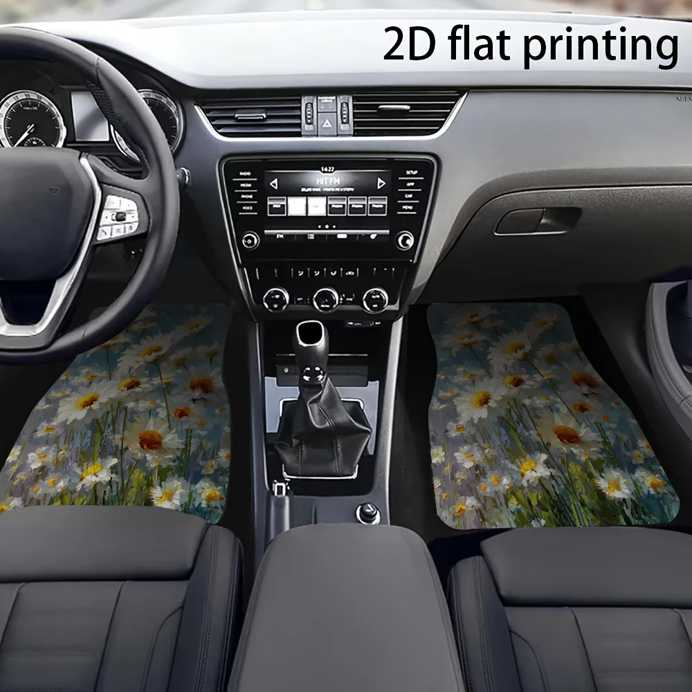 4pcs Car Floor Mats, Featuring A Daisy Blooming Countryside Pattern, Universal Car Mats, Made Of Polyester Fiber, Wear-Resistant