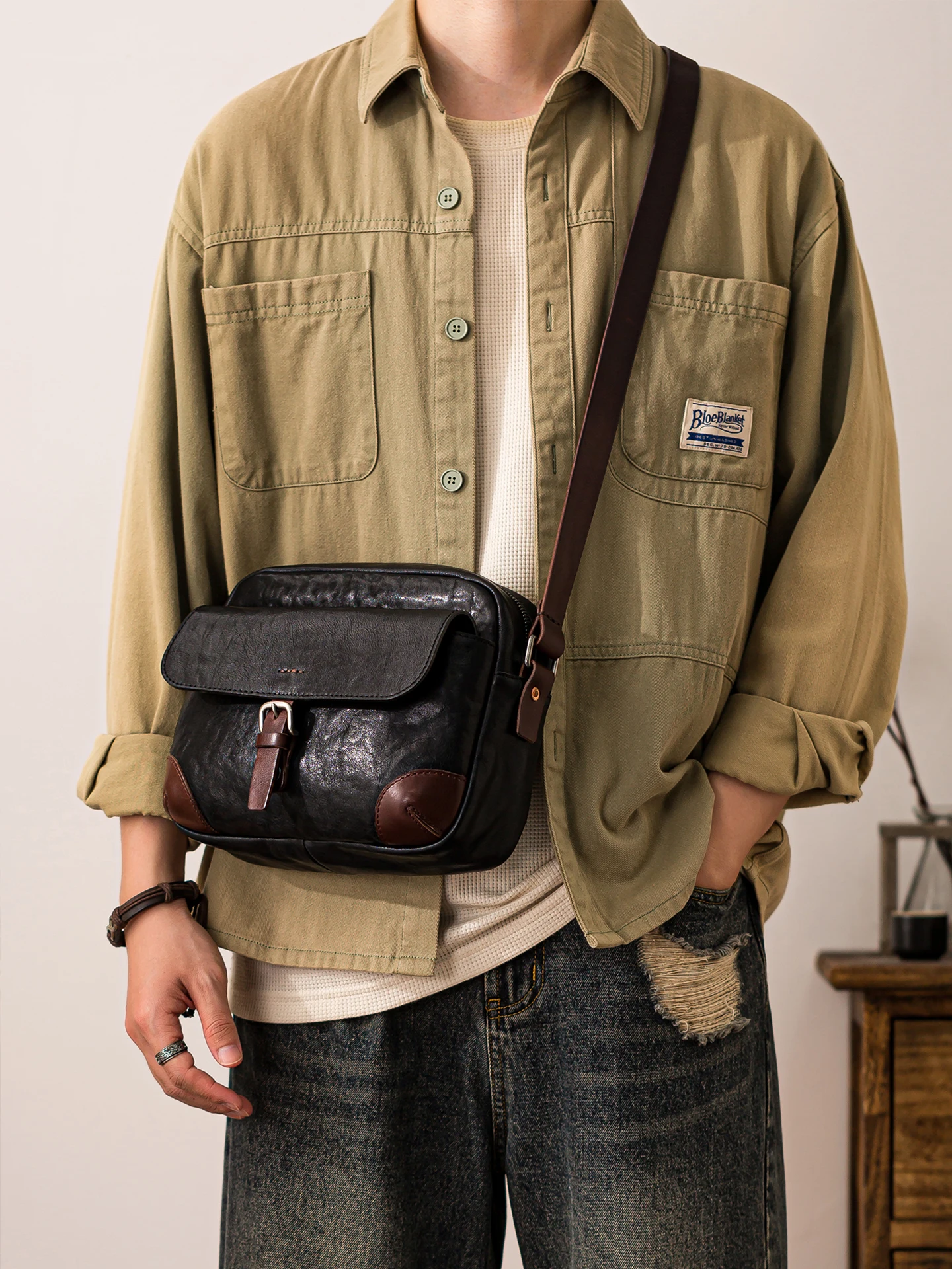 

organizers designers handmade genuine leather men's shoulder bag fashion casual luxury first layer cowhide black crossbody bag