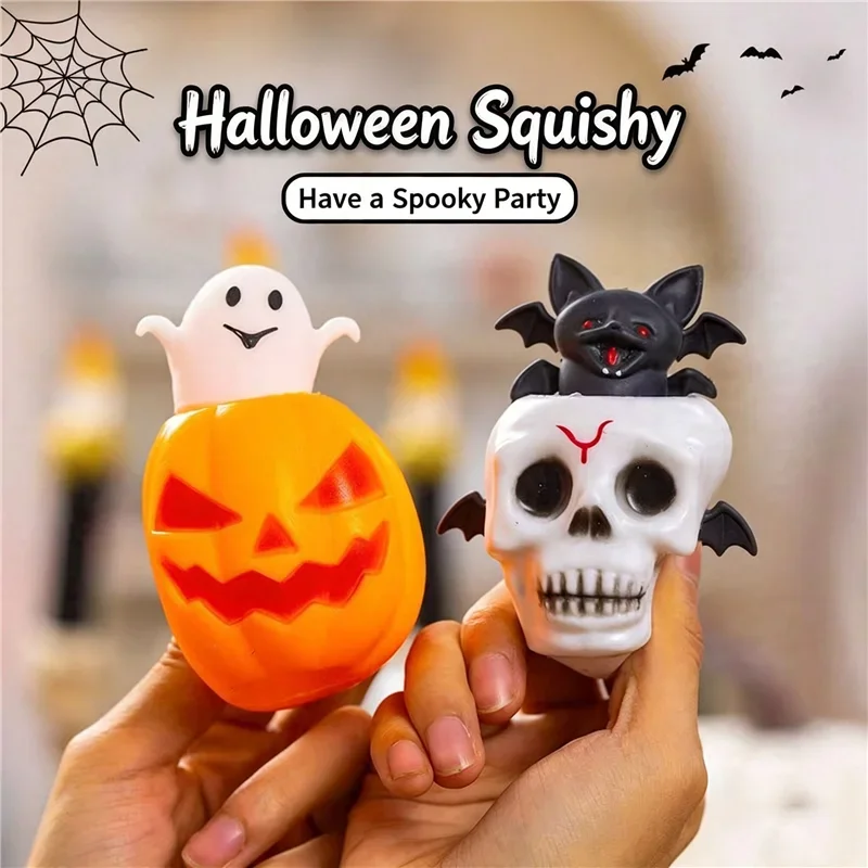 Halloween Skull Pop Up Bat Squishy Toy Squeeze Ghost Pumpkin Fidget Toy Stress Relief Fun Trick or Treat Party Supplies Gift