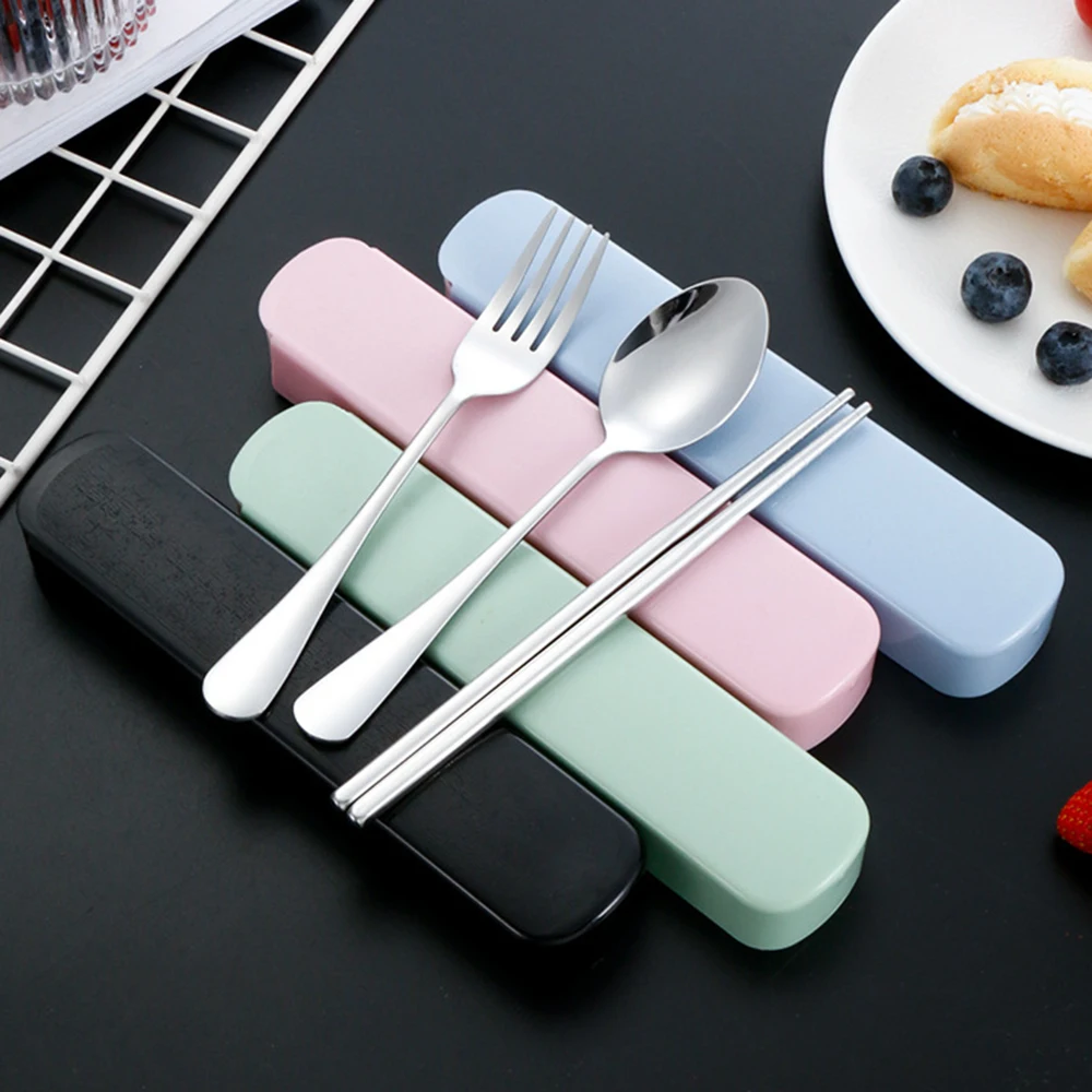 4Pcs/Set Portable Travel Tableware Set Stainless Steel Dinnerware With Box Kitchen Fork Spoon Dinner Set For Kid School Cutlery
