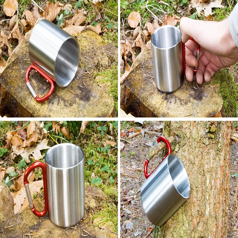 Taza de acampada al aire libre compacta y ligera de 200 ML con mango de mosquetón de tornillo de acero inoxidable para el trabajo de senderismo y Trekking