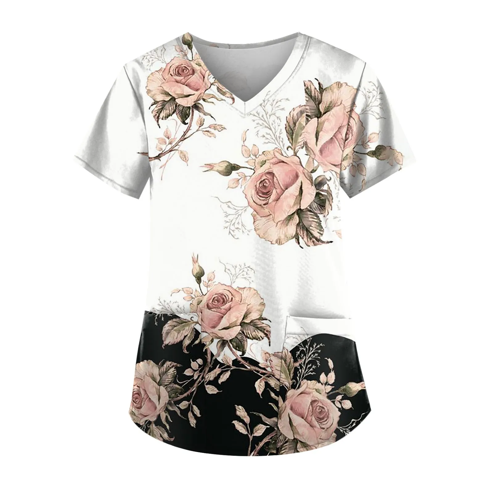 2023 Women Working Blouse Short Sleeve V-neck Tops Nurse Uniform Floral Printing Pocket Work Wear Nurse Uniforme De Enfermera