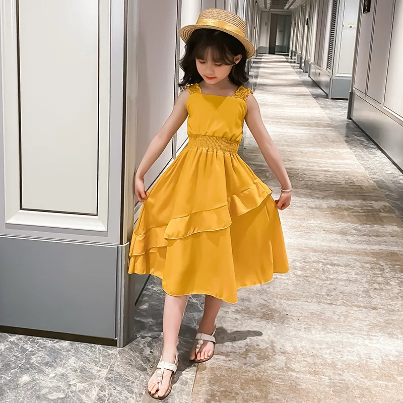 2024 teenager Summer Kids girls flounce chiffon Fold Dresses Formal Princess Children braces skirt 4 5 6 7 8 10 11 12 13 Years