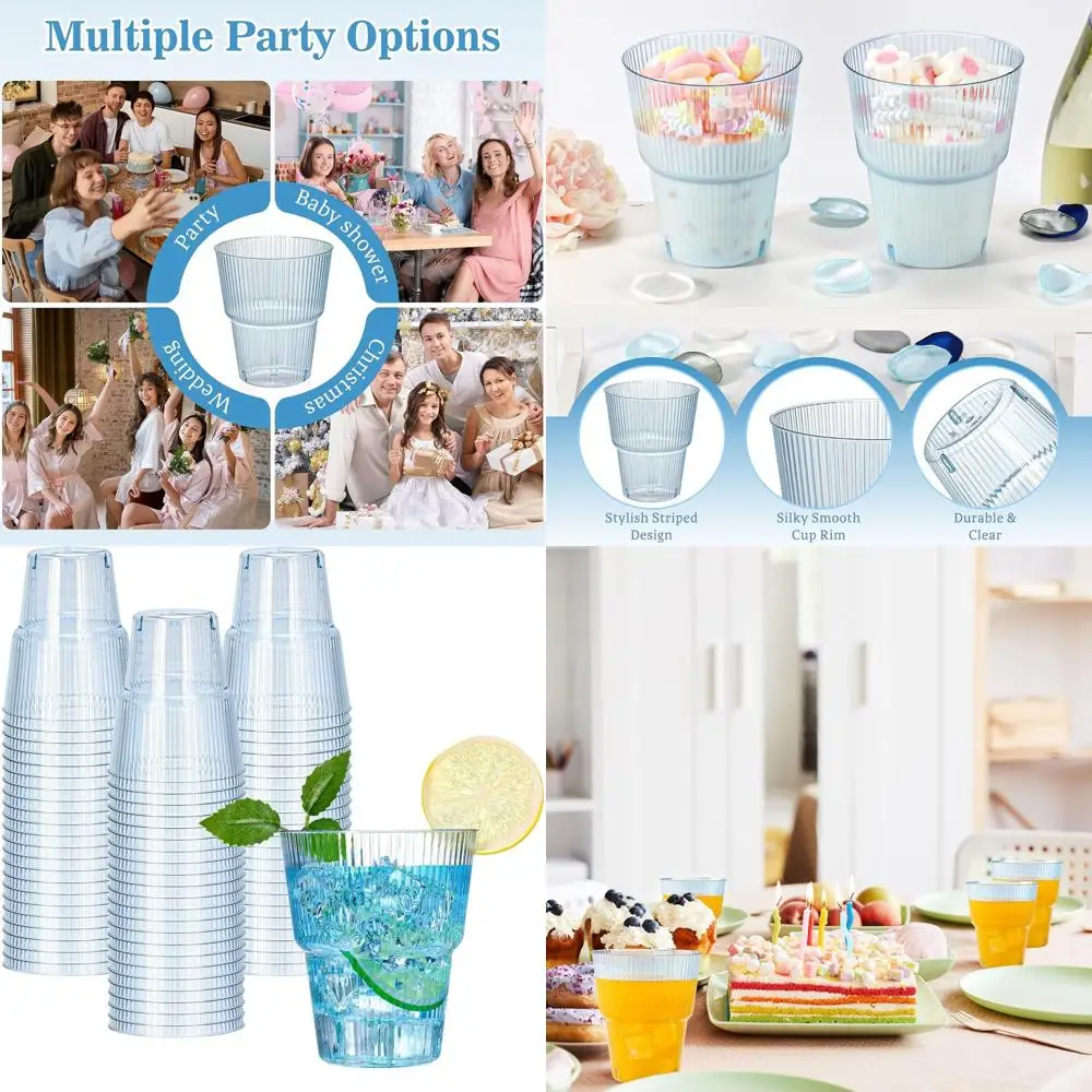 

100-Pack 14 oz Blue Ribbed Plastic Wine Glasses - Disposable Martini Tumblers for Weddings and Events