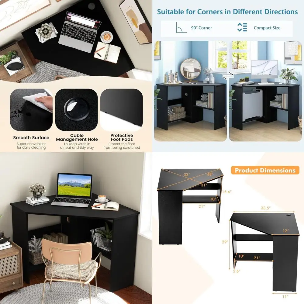 

Compact Corner Desk with Storage and CPU Holder, 90° Triangle Vanity Workstation, Wooden Space-Saving Computer Desk for Small Sp