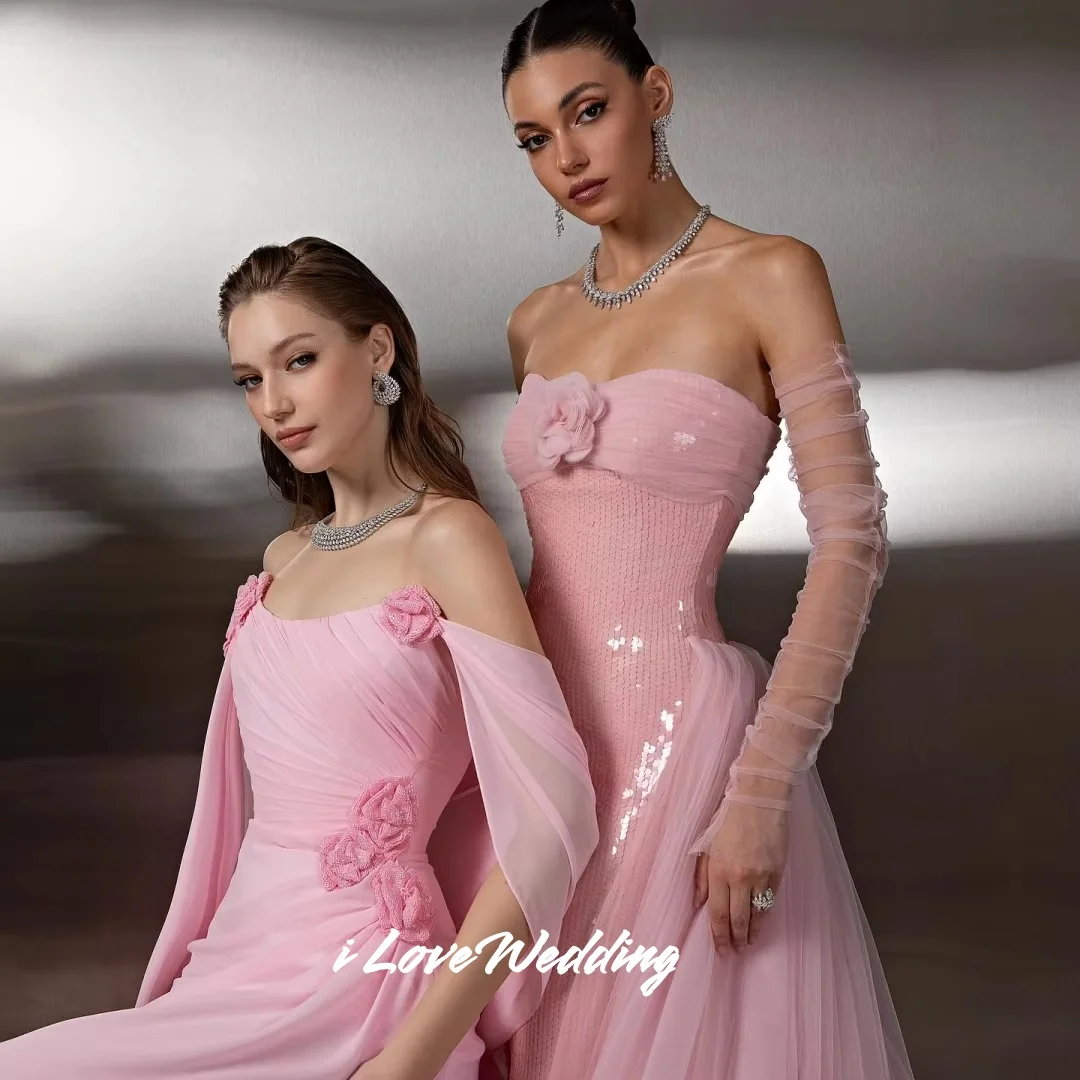 Rosa trägerlose Abendkleider 2025, Chiffon-Schal, 3D-Blumen, Meerjungfrau, Sweep-Zug, bodenlang, Ballkleider, plissiert, individuell gestaltet