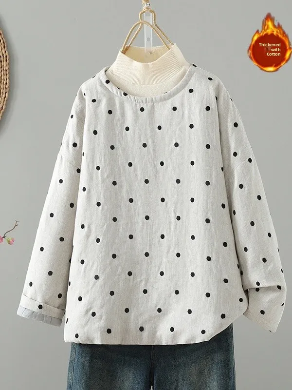 

Retro Polka Dot Cotton Jaet Lightweight Long Sve round Ne Loose Fit Women's Coat Warm Comfortable Spring Autumn Top