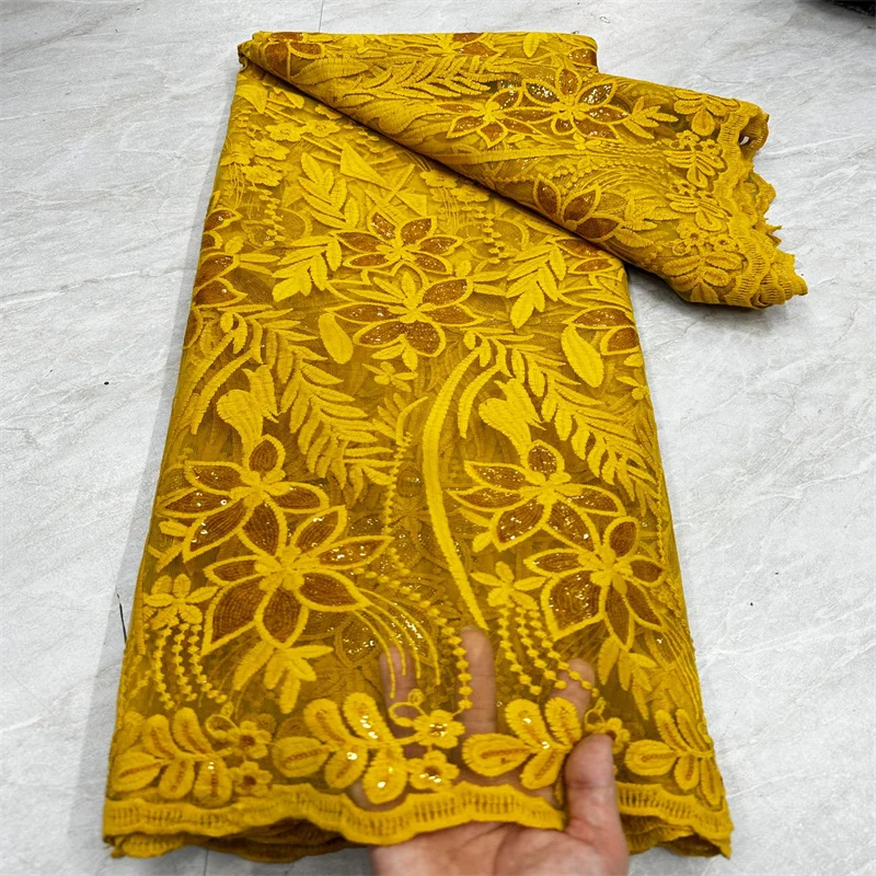 Nigerian African Lace Fabric 2023 High Quality Hamdmade Sequins Bridal Lace Fabric Luxury Sequin Yellow Embroidery For Wedding