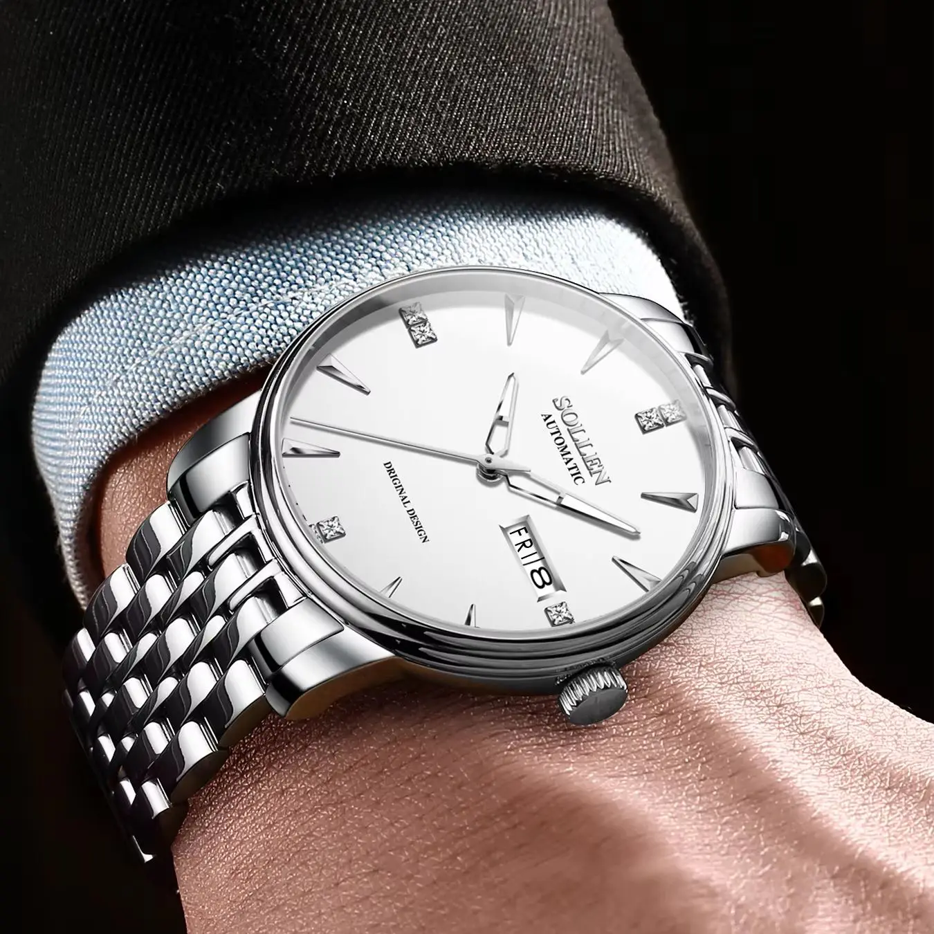 

Часы SOLLEN, мужские полностью автоматические механические часы, водонепроницаемые полые студенческие часы из нержавеющей стали в швейцарском стиле на день рождения gi