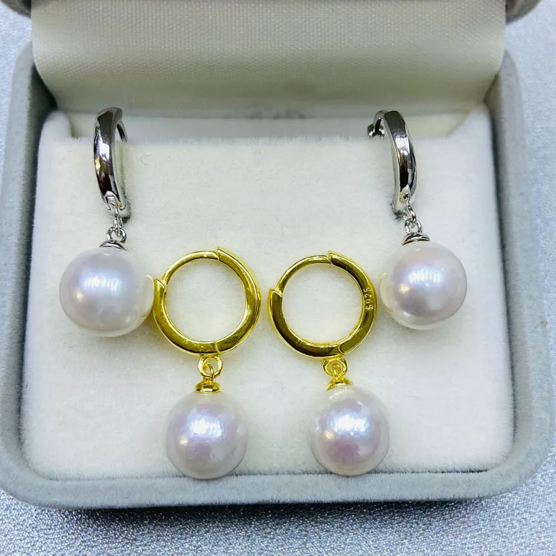 One Pair of 10-11mm South Sea Pearl Earrings Real Sterling Silver S925 Hoops Wear Like an Internet Celebrity Stars Free Shipping