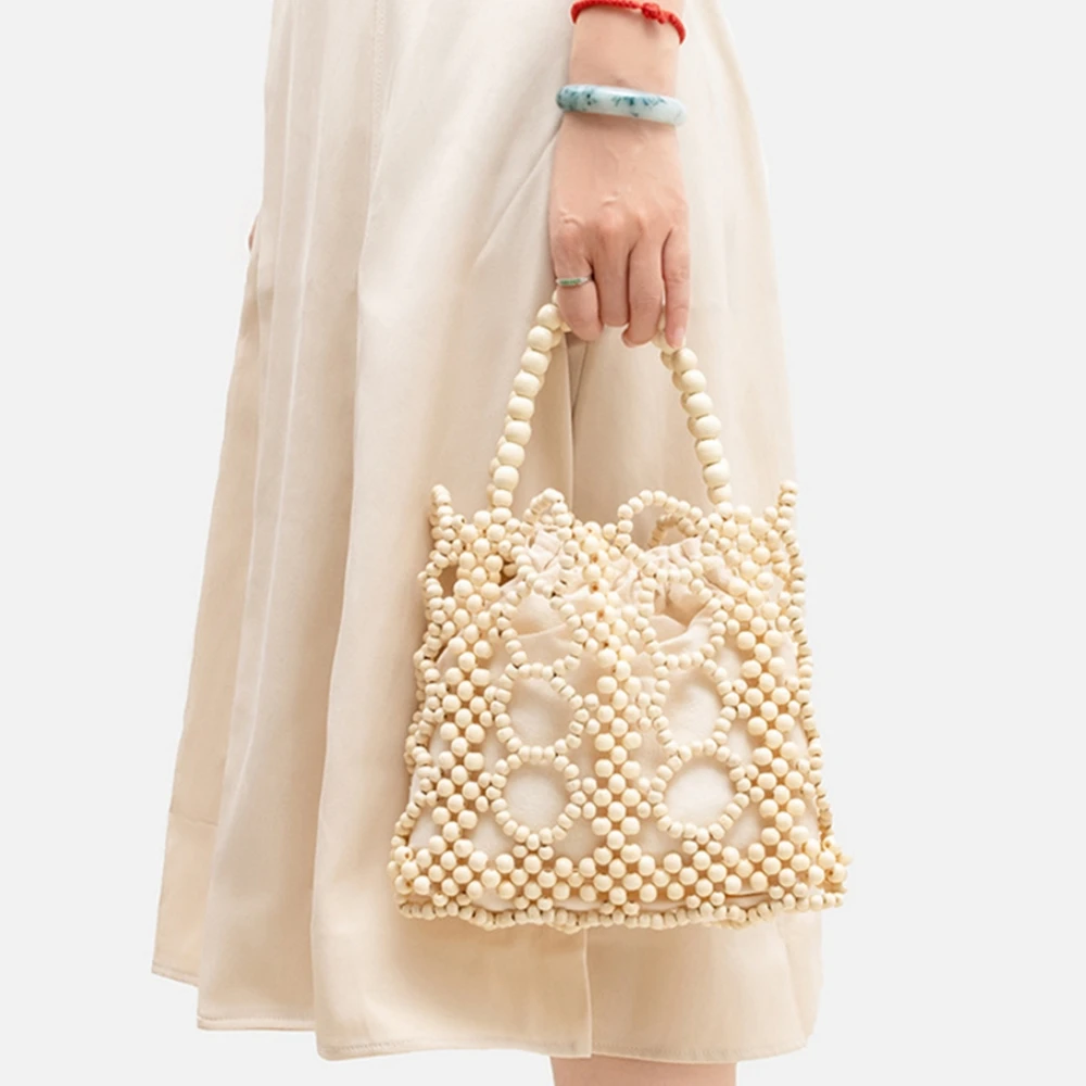 Handmade Woven Wooden Beads Tote Bag Women\'s Hollow Out Bucket Bag Summer Travel Beach Handbag Ladies Fashion  Clutch Purses Bag