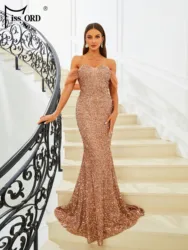 Missord Elegant Brown Sequin Evening Dress Women Off Shoulder Mesh Sleeve Bodycon Maxi Mermaid Party Prom Dresses Long Gown