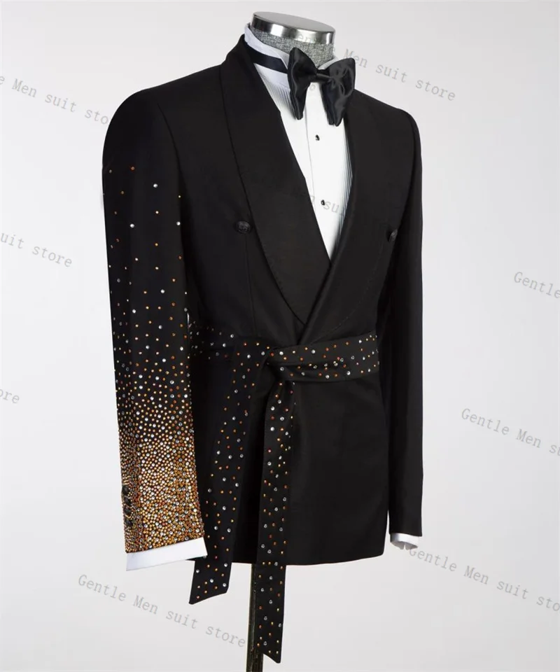 

Black Men Suit Set 2 Pcs Blazer+Pants Trousers Luxury Golden Crystals Wedding Tuxedo Formal Office Jacket Prom Coat Customized