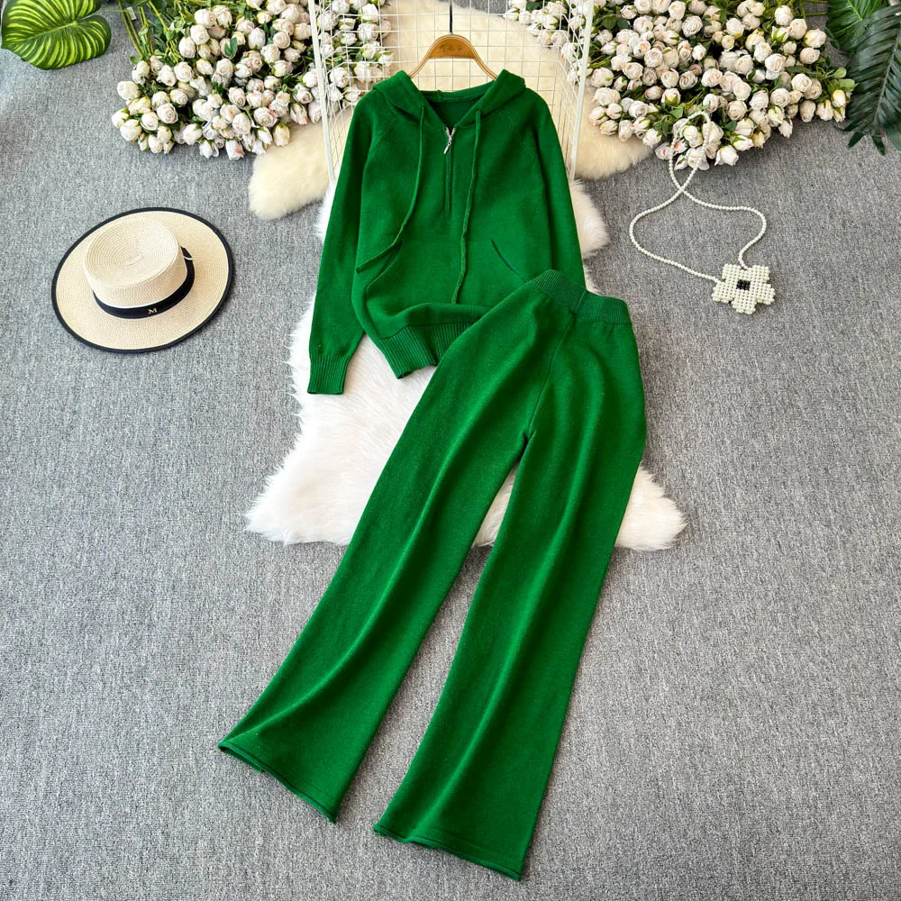 

Women Casual Pants Set Solid Color Knitted Hooded Tops + High Waist Slim Pants Casual Two-piece Suits