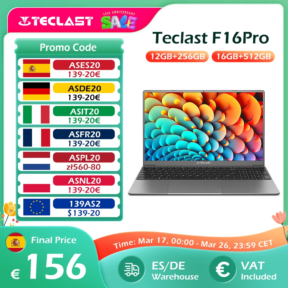 TECLAST F16Pro Laptop 15.6 inch, 16GB RAM 512GB SSD Computers, for Intel N95 CPU, IPS FHD 1080P Screen, WiFi 6, BT 5.0, USB3.2, Backlit Keyboard, 38000mWh