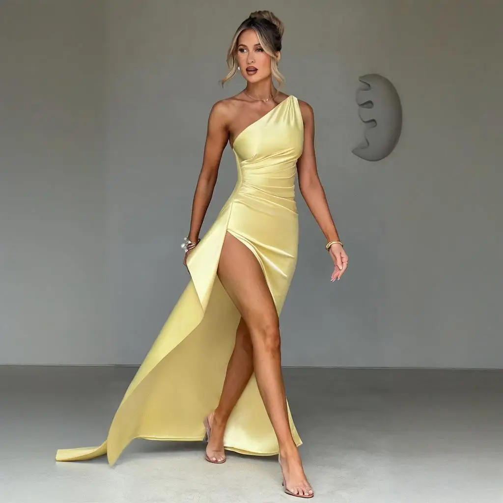 

2026 Summer New Women's Sexy Slim-fit Evening Dress with Slanted Neckline and Slit