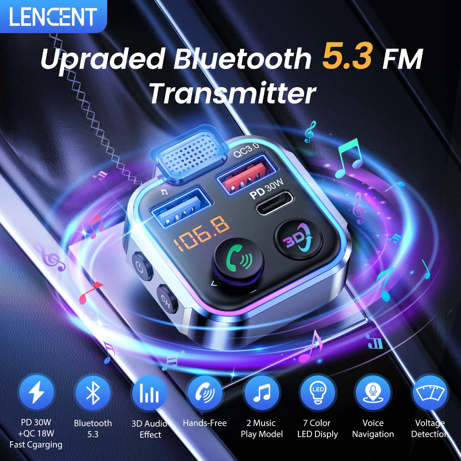 LENCENT Bluetooth 5.3 FM Transmitter Wireless Radio Adapter Car Kit with Type-C PD 30W+ QC3.0 Fast Charger Hands-Free Calling