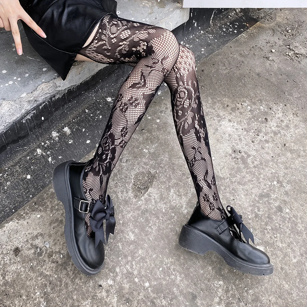 Sexy Floral and Hollow Suspender Stockings Woman Black Medias Transparent Thin Y2K Thigh High Socks Party Club Lingerie.