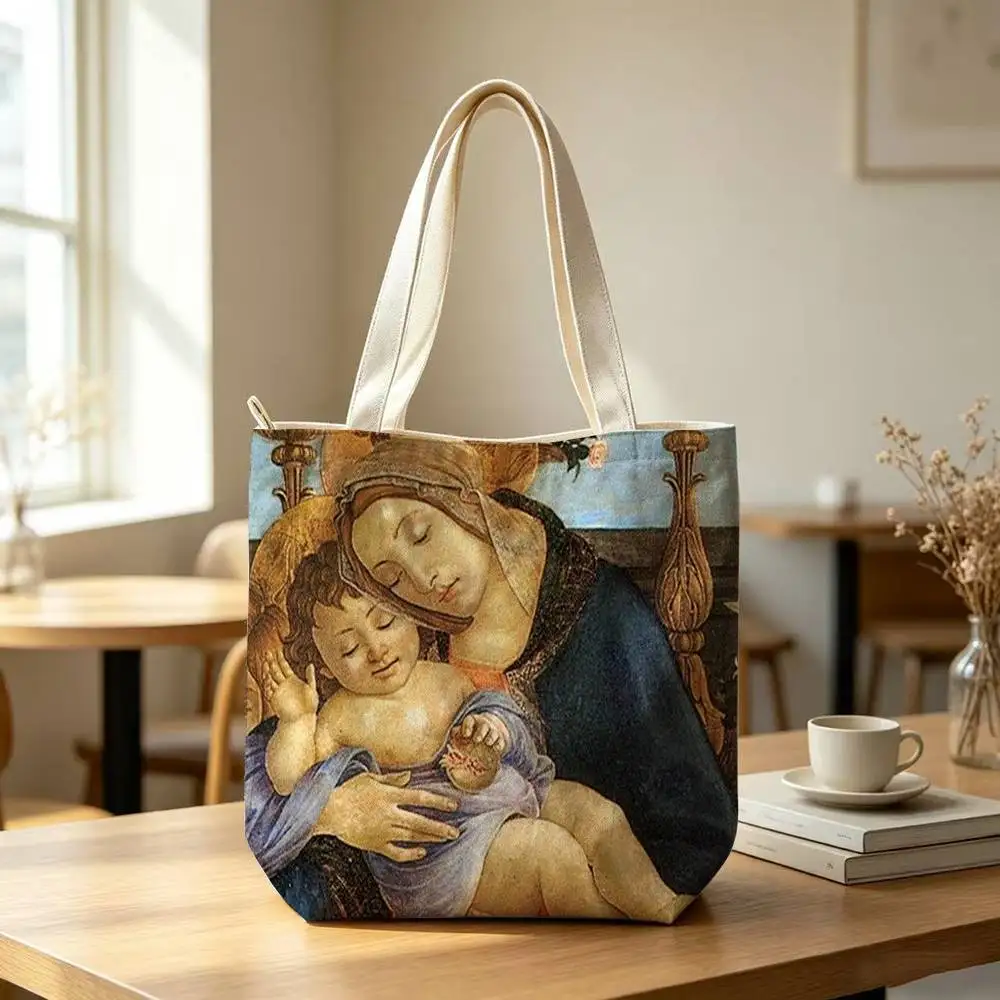 S-Sandro Botticelli Renaissance Tote Bag for Women Reusable Shopping Tote Bag Zippered Shoulder Bags Print 5