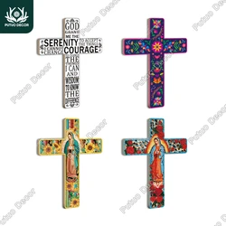 Putuo Decor Mexican Crucifix Wood Wall Deco 15.9 X 11.8 Inches, Madonna Decoration Wooden Wall Mounted Cross for Room