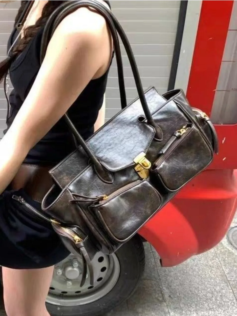 New Moto All-match Multiple Pockets Handbags Senior Casual Vintage Commuter Shoulder Bag Large Capacity Harajuku Single-Shoulder