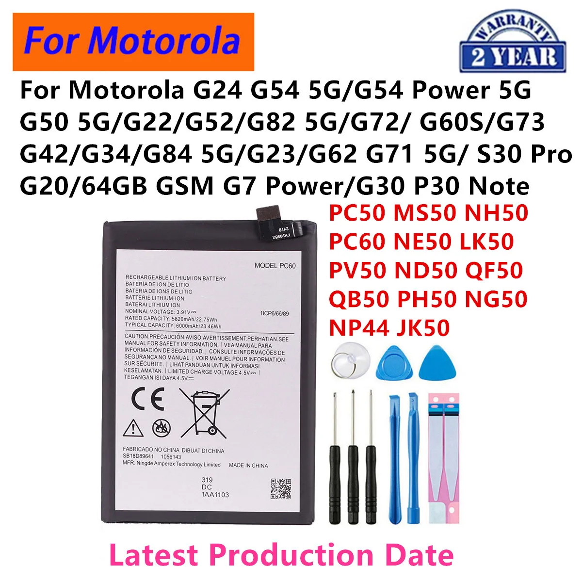Battery For Motorola Moto G24 G54 G7 Power G50 G23 G22 G52 G60S G20 G42 G34 G84 G23 G62 G71 G73 5G S30 Pro G30 P30 Note