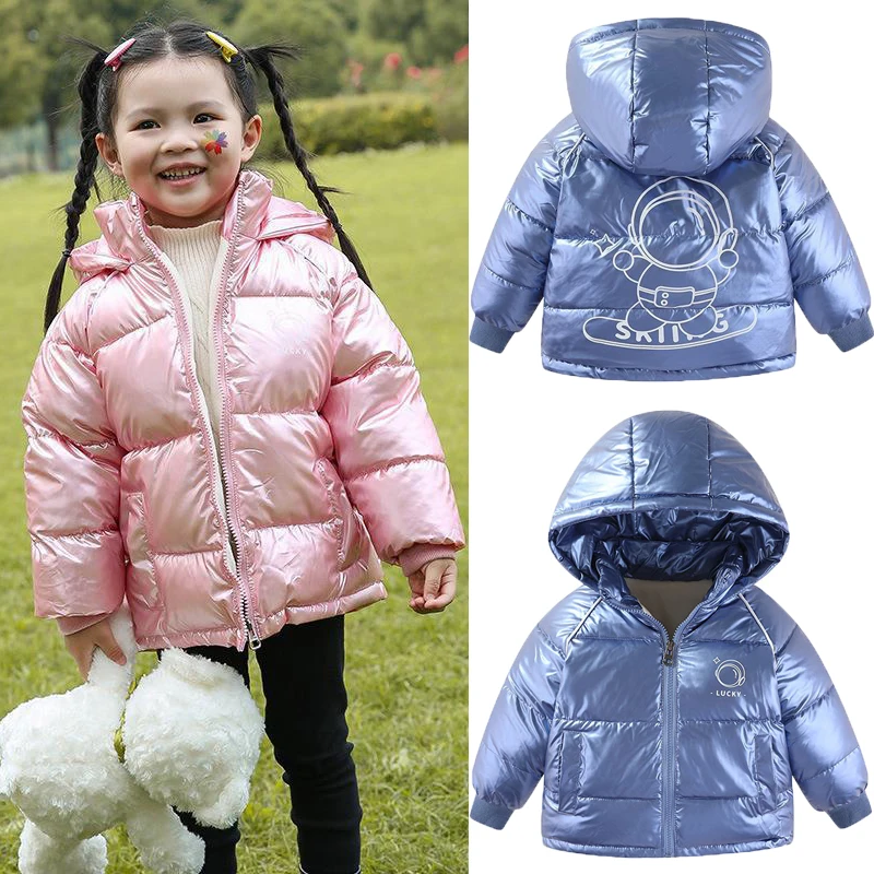 2023 Winter Boys Jacket Solid Color Glossy Cartoon Pattern Lining Plush Keep Warm Coat For 1-6Y Girls Hooded Down Cotton Outwear