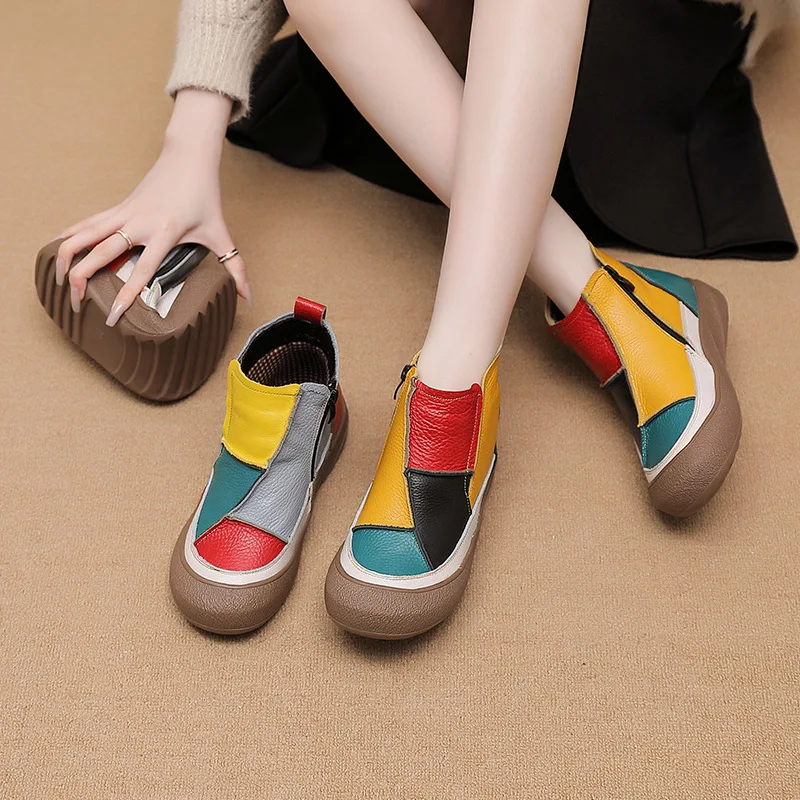 

Genuine leather boots woman thick sole plush shoes winter warm ankle boot women's autumn zipper short chelsea boot boho shoes