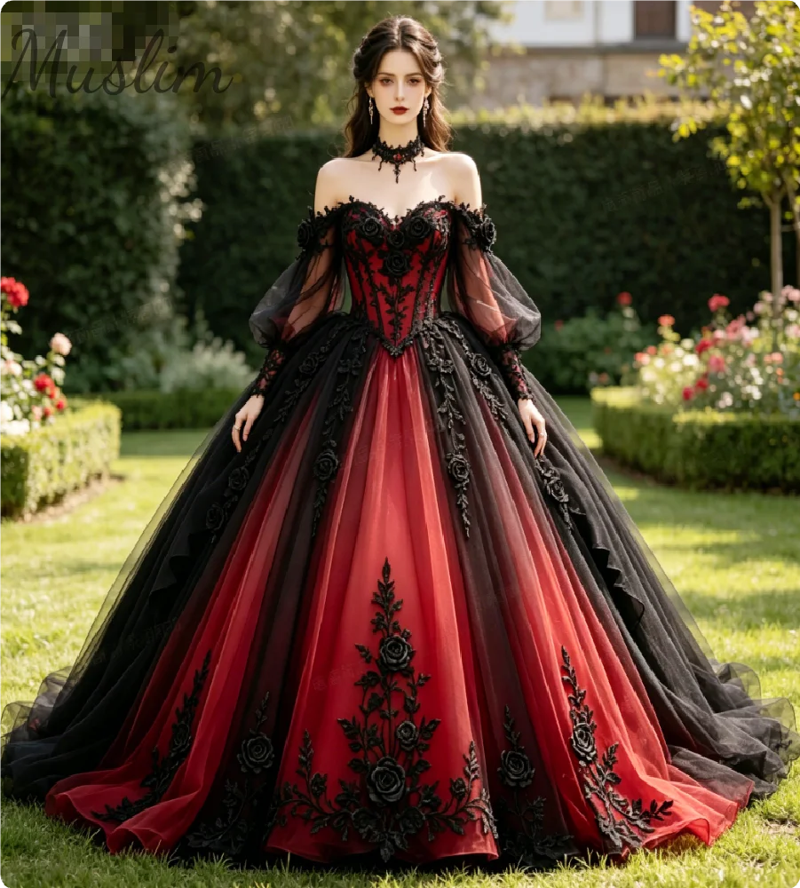 Vintage Dark Gothic Wedding Dress Off Shoulder Puff Sleeve Red Black Gradient Tulle Bridal With 3D Black Rose Lace Halloween