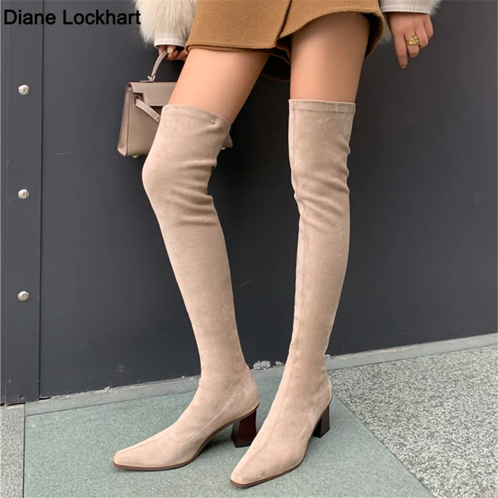 

Сексуальные сапоги выше колена на высоком каблуке высокого качества, эластичные сапоги до бедра, осенне-зимние детские замшевые сапоги выше колена