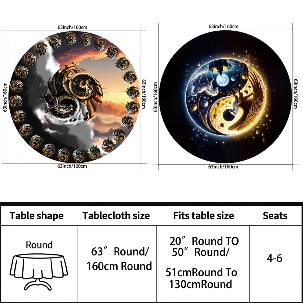 1pc Tai Chi Yin Yang Sun Moon Circular Table Cloth with Eagle Unicorn Pattern Waterproof Colored Table Set Classic Dragon Picnic
