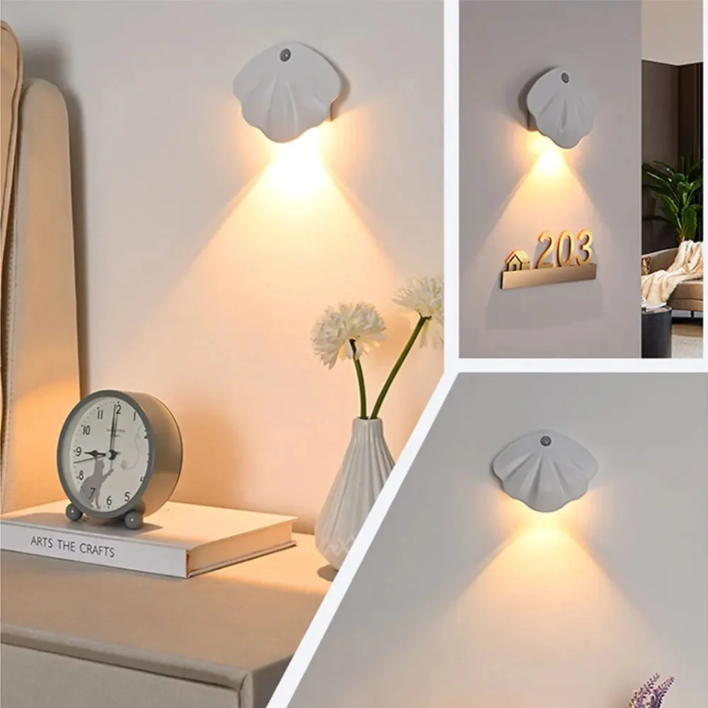 قذيفة على شكل محس حركة الجدار مصباح الأضواء قابلة للشحن المدمج في بطارية 1200mAh غرفة نوم الممر الدرج LED ضوء الليل 2 قطعة