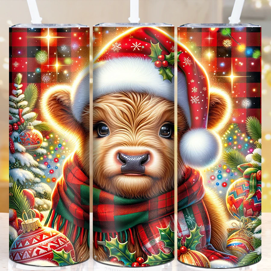 20oz Large Capacity Stainless Straight Tumblers Straw Lid 1Pc 3D Print Christmas Highland Cow Insulated Mugs Holiday Winter Cups